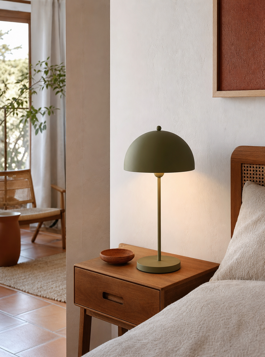 Lámpara de Mesa Cúpula Verde Oliva en ambiente - MADRITERA