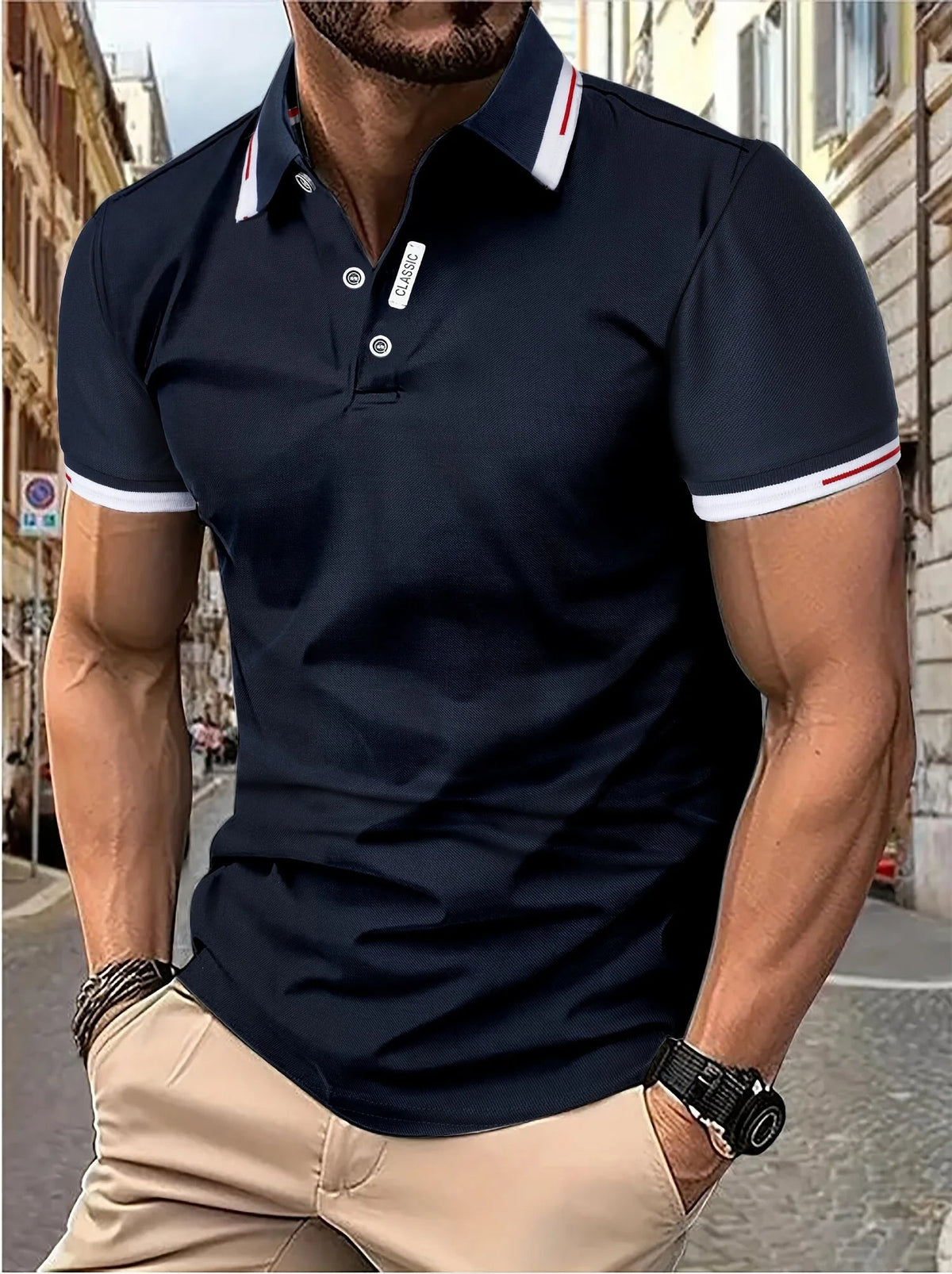 Polo de hombre de poliéster elástico con cierre de botones