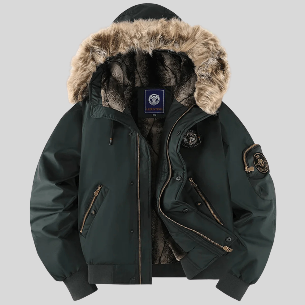 Chaqueta bomber acolchada con capucha de pelo sintético, unisex
