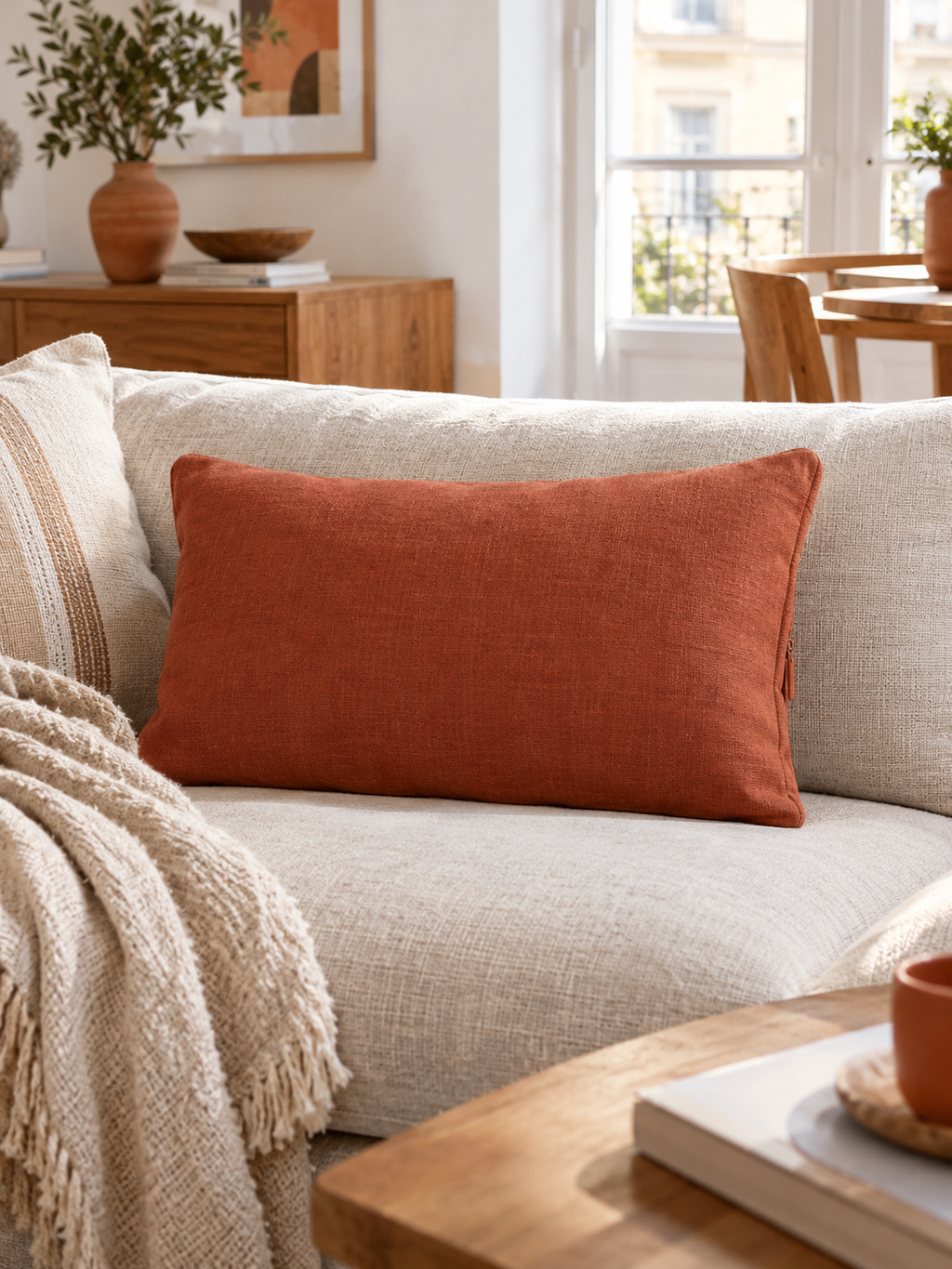 Cojín Lumbar de Lino Terracota en ambiente - MADRITERA
