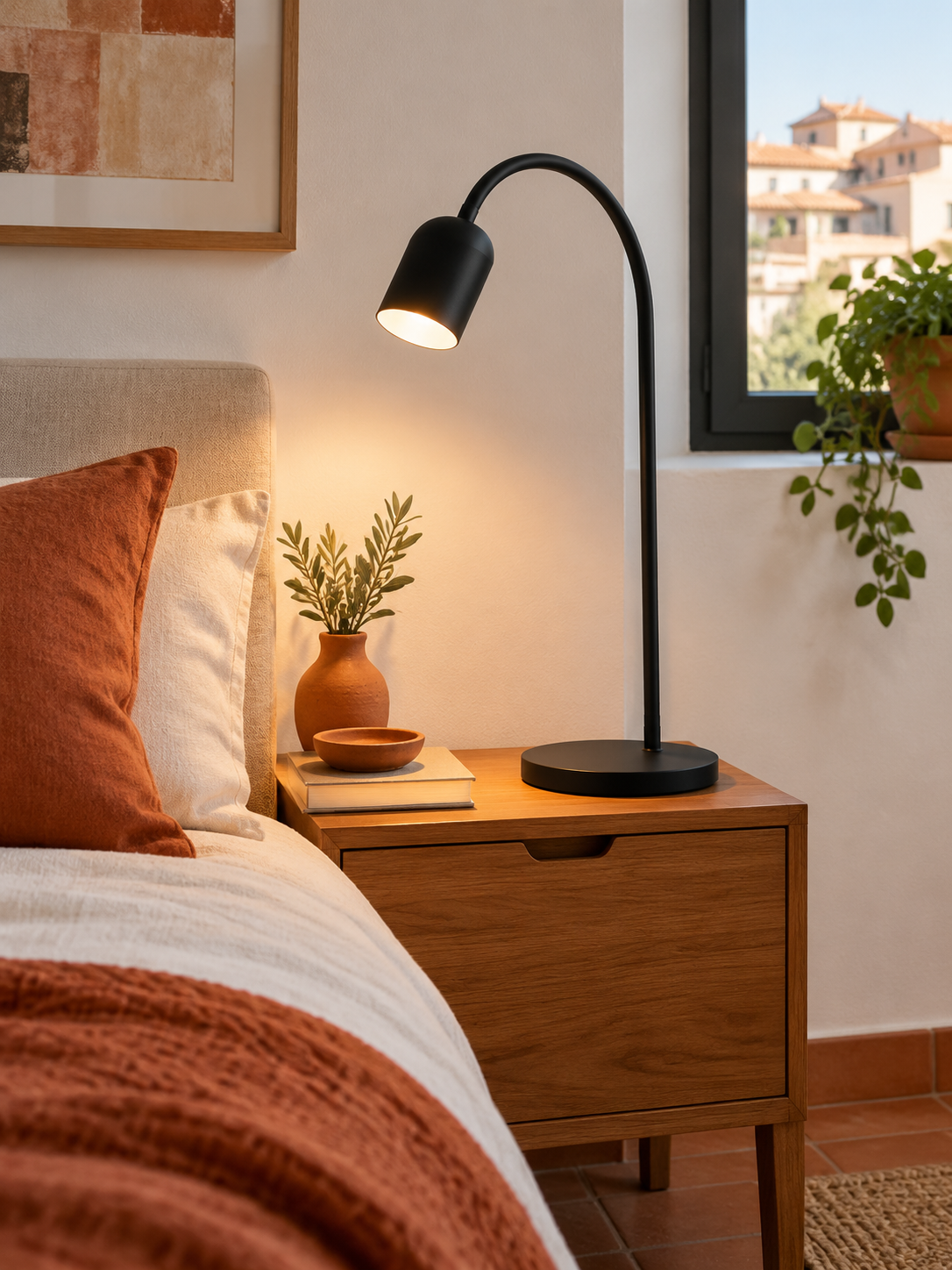 Lámpara de Mesa Arco Negro Mate en ambiente - MADRITERA