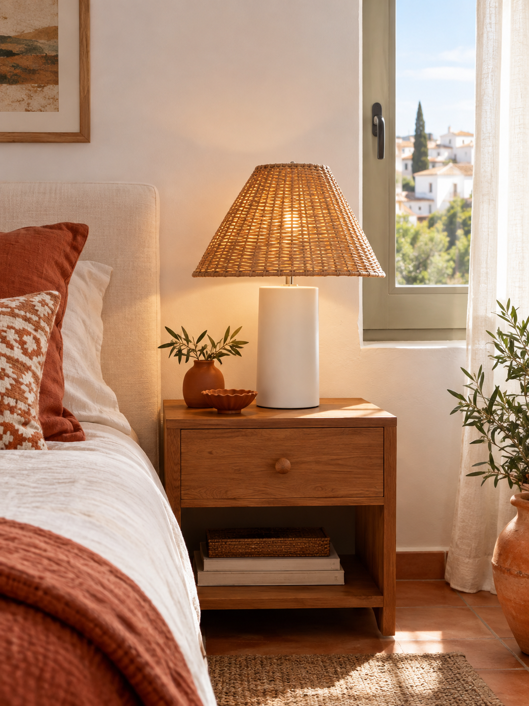 Lámpara de Mesa de Ratán Blanco en ambiente - MADRITERA