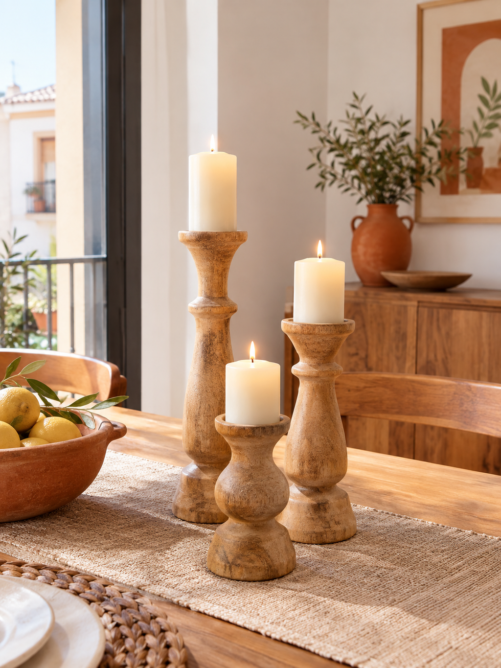 Portavelas de Madera de Mango Set de 3 Natural en ambiente - MADRITERA