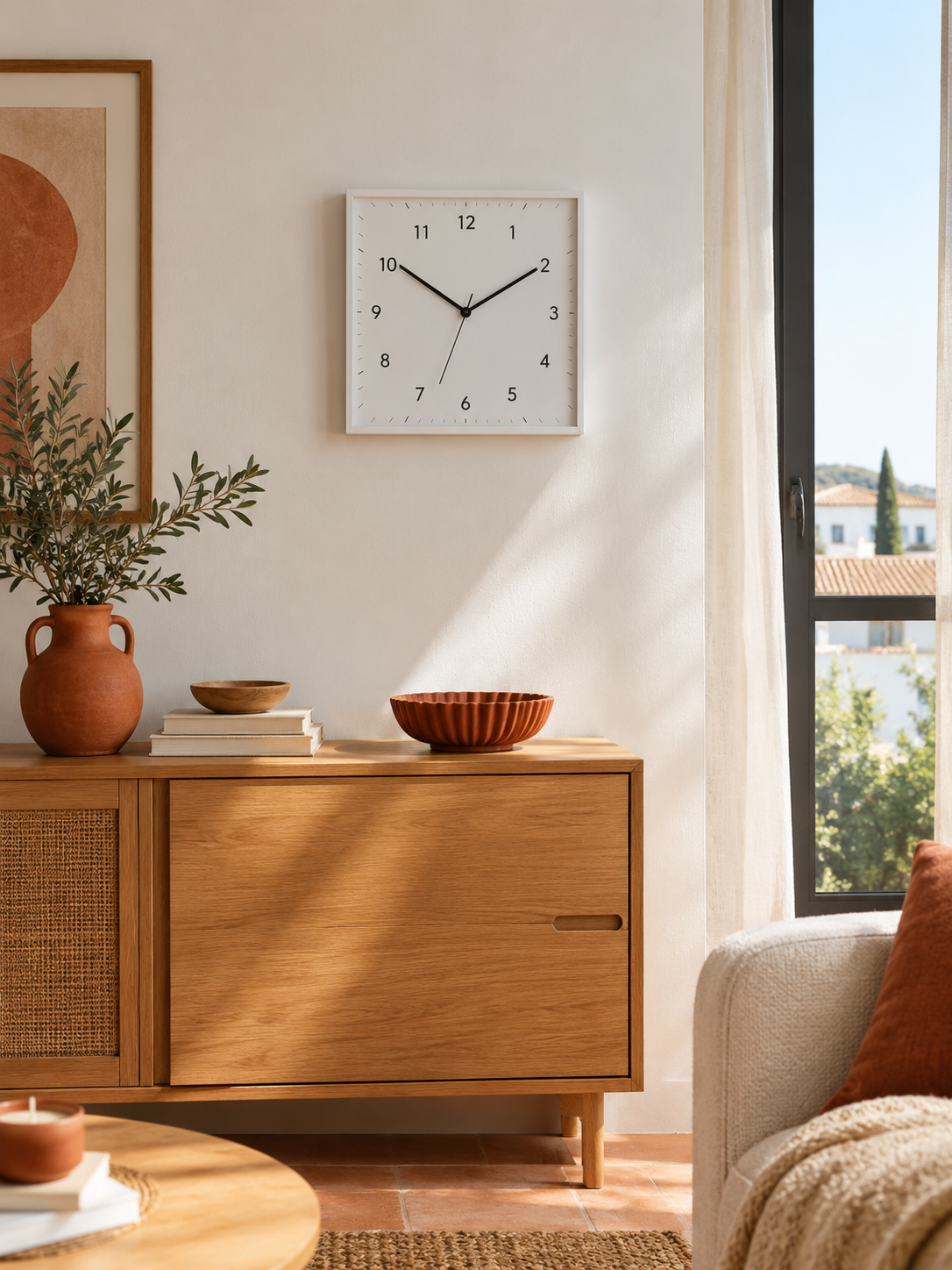 Reloj de Pared Cuadrado Blanco en ambiente - MADRITERA