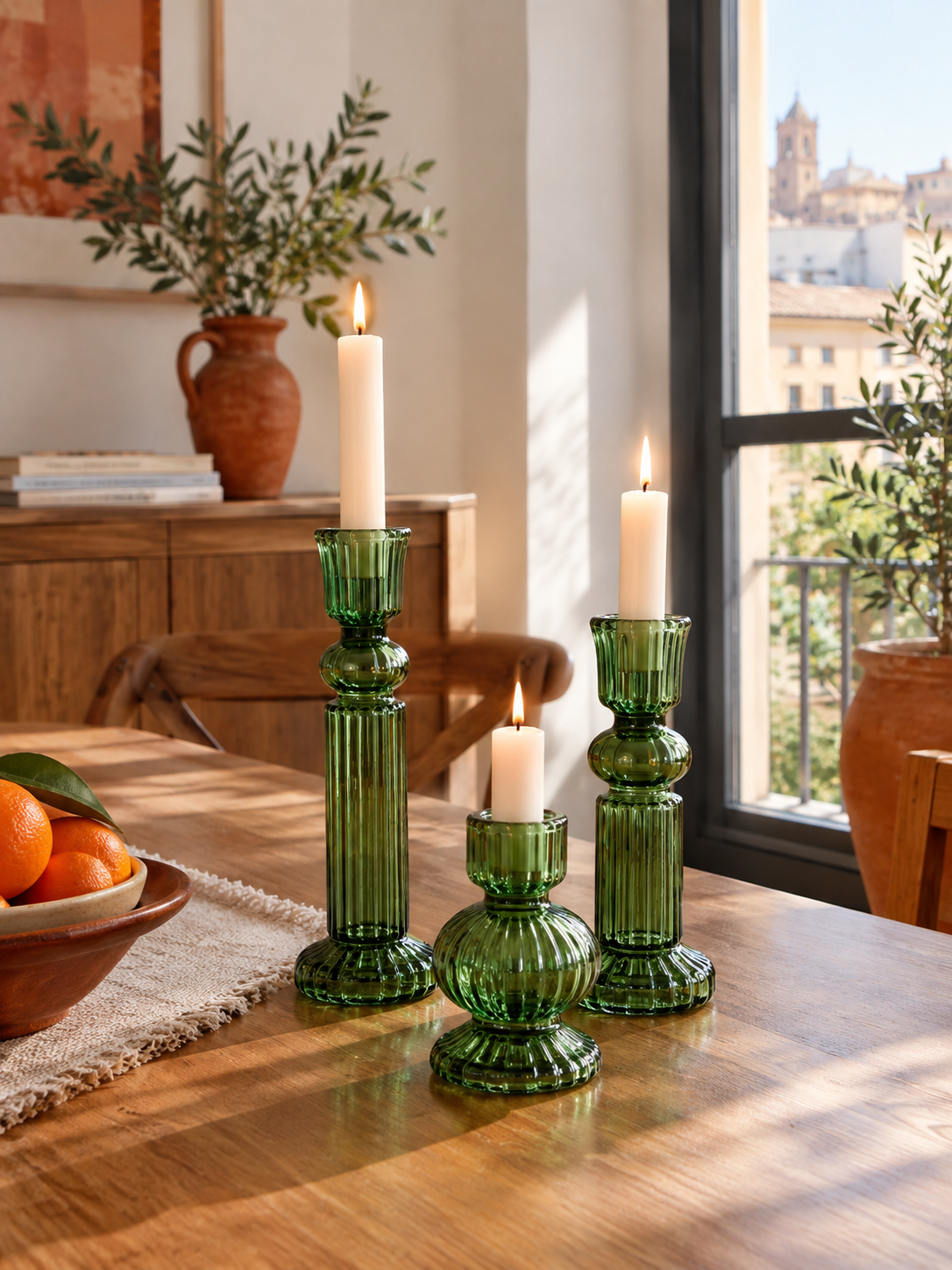 Portavelas de Cristal Set de 3 Verde en ambiente - MADRITERA