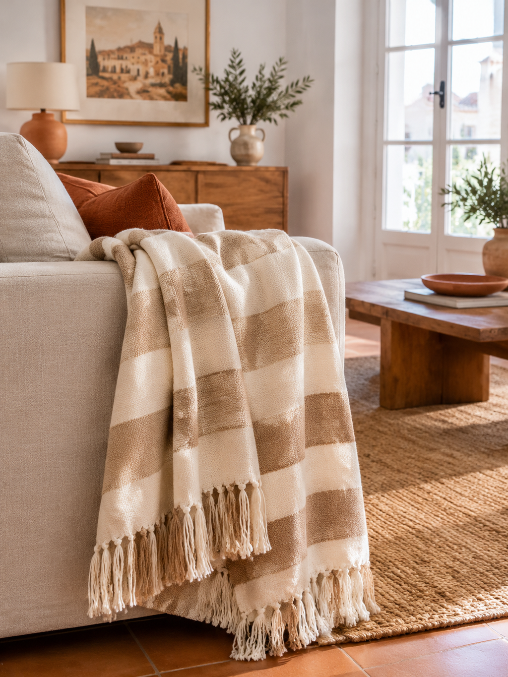 Manta de Algodón Rayas Beige y Blanco en ambiente - MADRITERA
