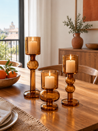 Portavelas de Cristal Ámbar Set de 3 en ambiente - MADRITERA