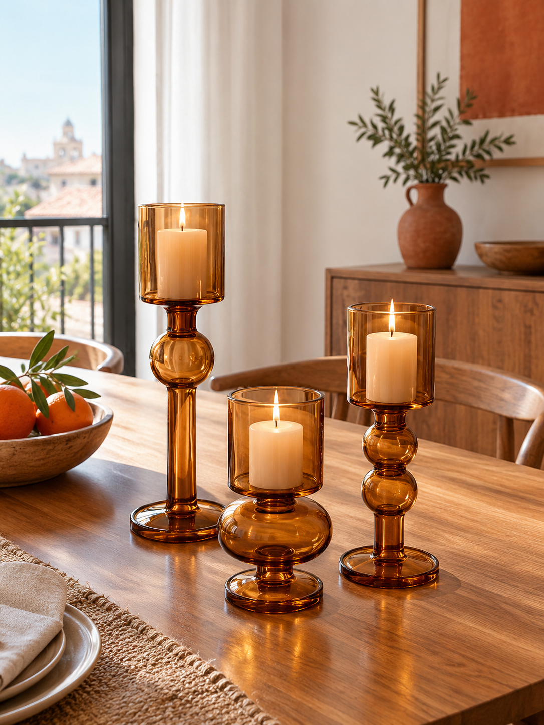 Portavelas de Cristal Ámbar Set de 3 en ambiente - MADRITERA
