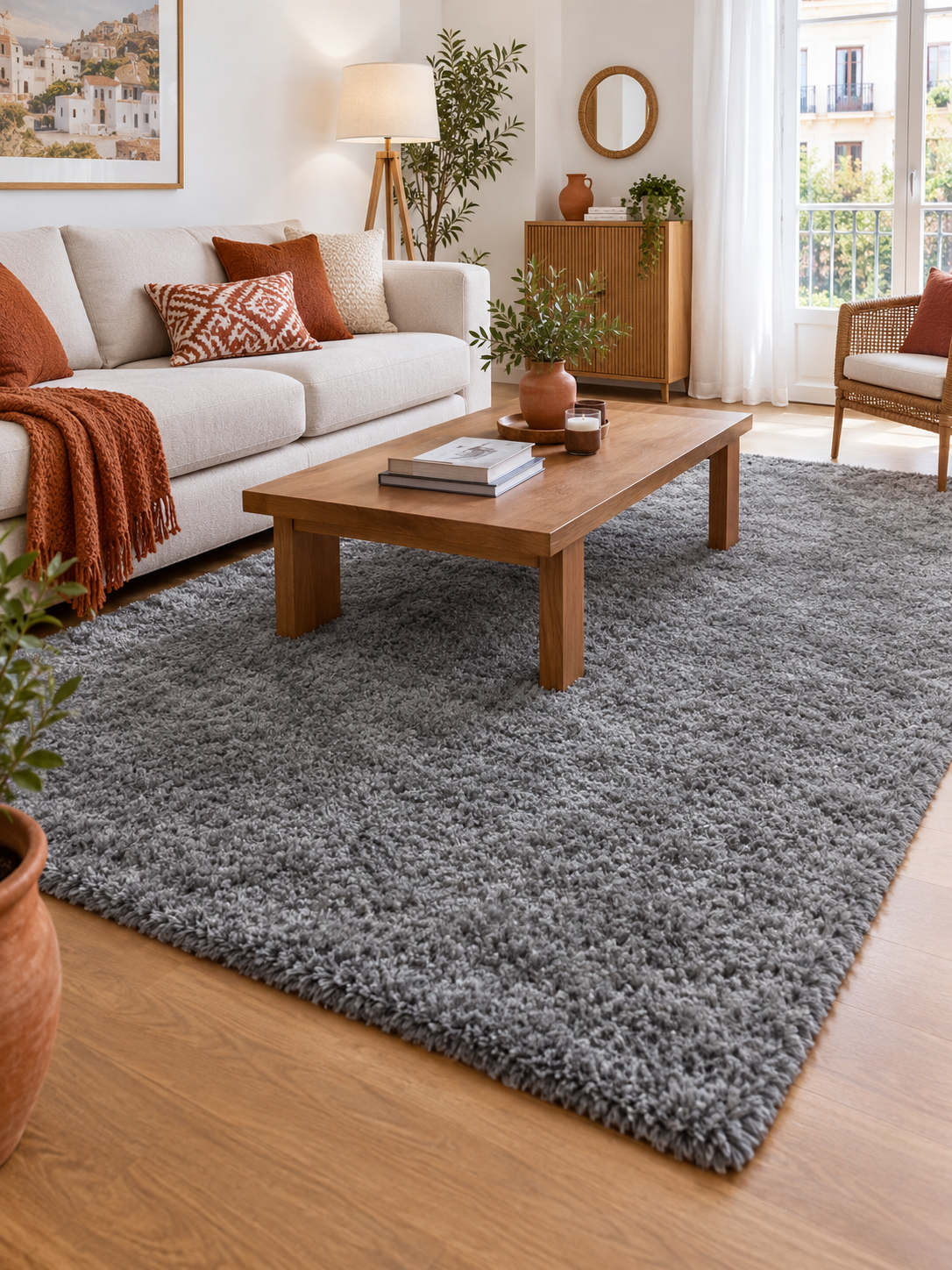 Alfombra de Pelo Largo Gris en ambiente - MADRITERA