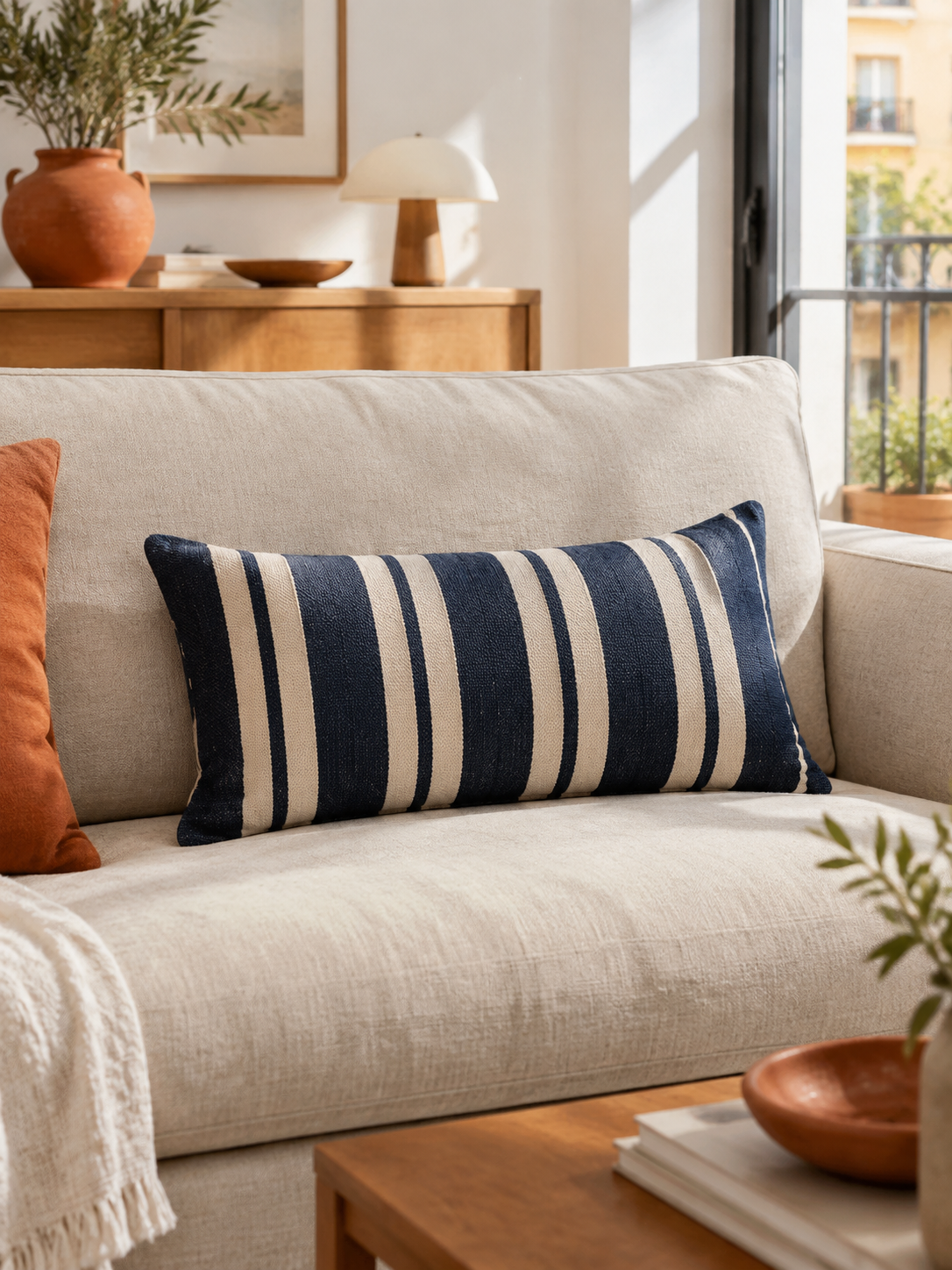 Cojín Rectangular Rayas Azul en ambiente - MADRITERA