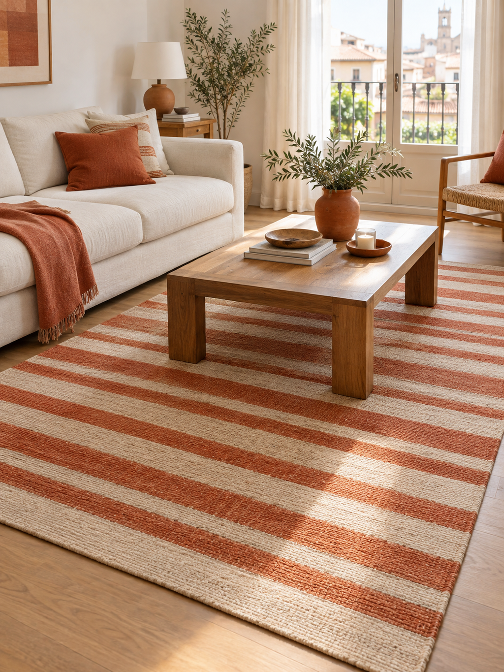 Alfombra de Algodón Rayas Terracota y Crudo en ambiente - MADRITERA