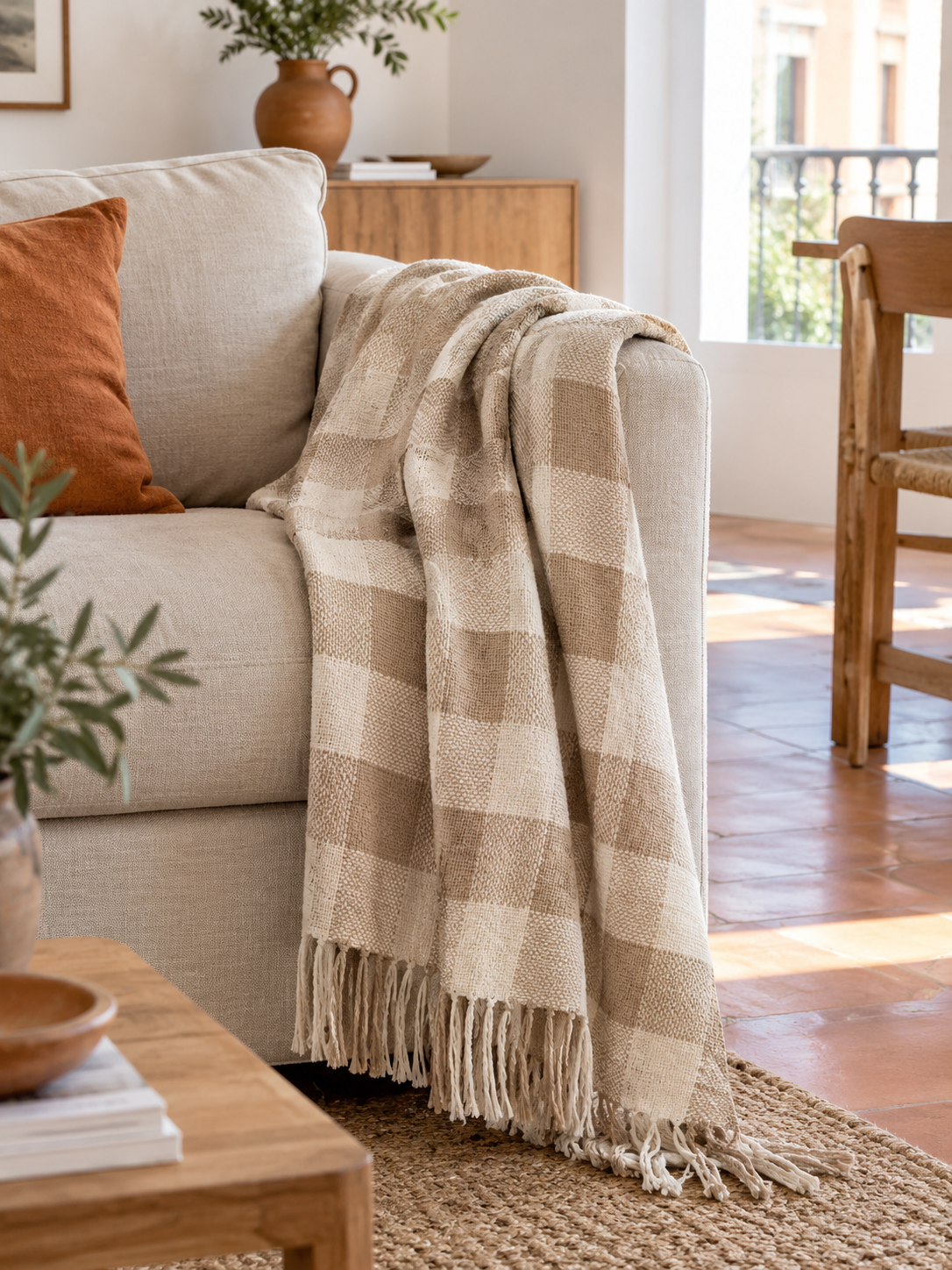 Manta de Algodón Cuadros Beige en ambiente - MADRITERA