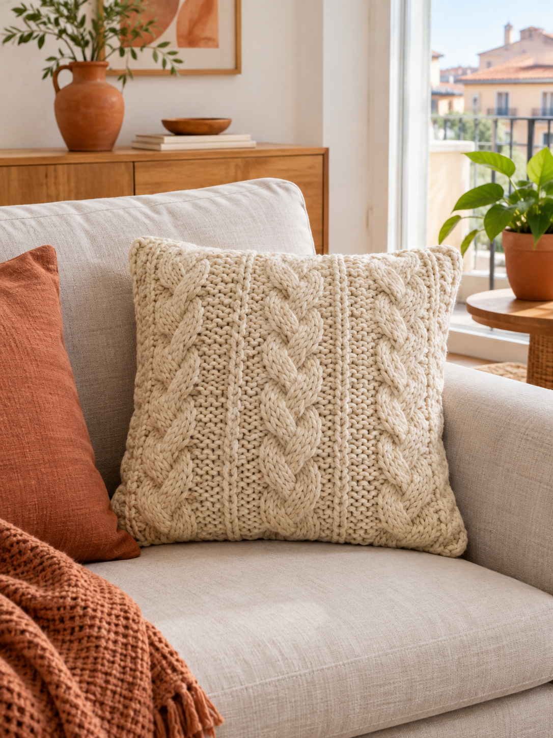 Cojín de Punto Trenzado Beige en ambiente - MADRITERA