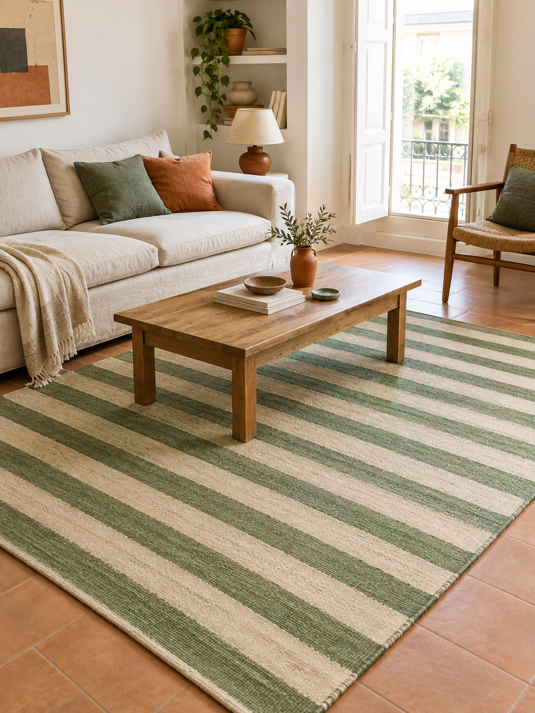 Alfombra de Algodón Rayas Verde y Crudo en ambiente - MADRITERA