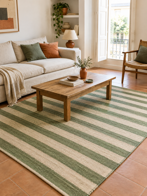 Alfombra de Algodón Rayas Verde y Crudo en ambiente - MADRITERA