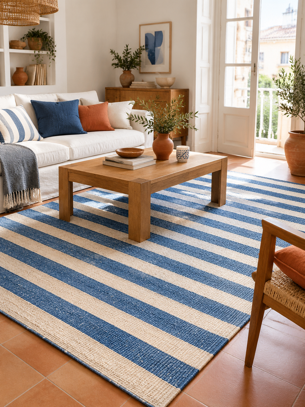 Alfombra de Algodón Rayas Azul en ambiente - MADRITERA