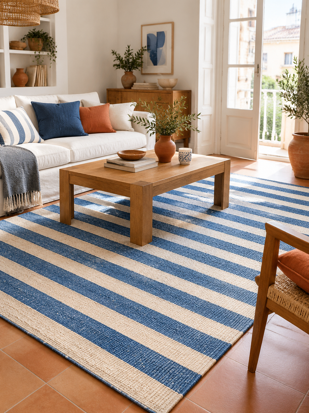 Alfombra de Algodón Rayas Azul en ambiente - MADRITERA