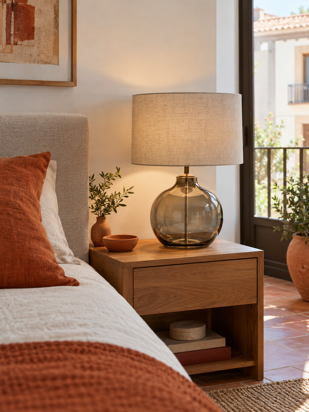 Lámpara de Mesa de Cristal Gris Ahumado en ambiente - MADRITERA