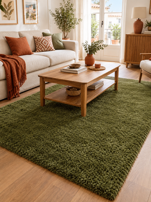 Alfombra de Pelo Largo Verde Oliva en ambiente - MADRITERA