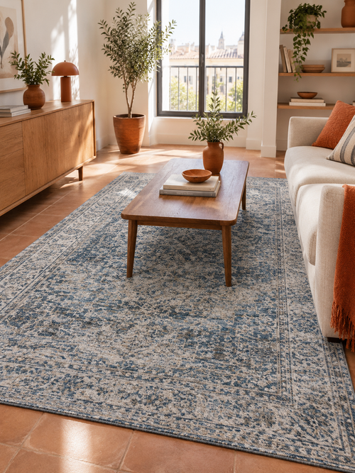Alfombra Vintage Azul y Gris en ambiente - MADRITERA
