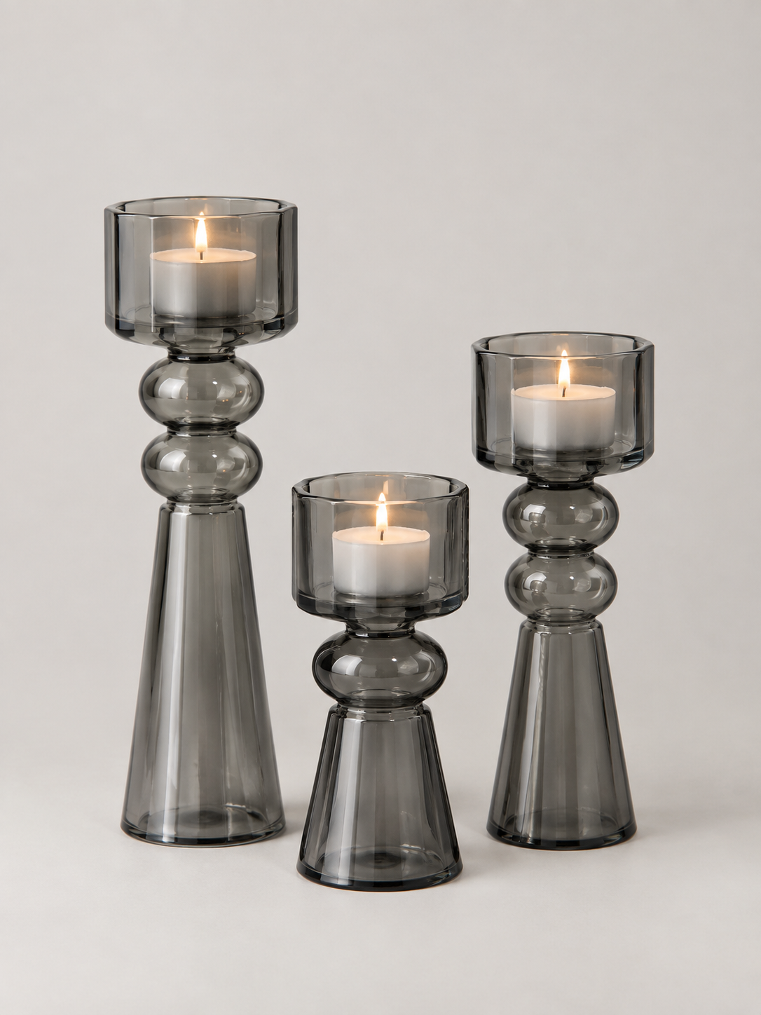 Portavelas de Cristal Ahumado Set de 3 - MADRITERA