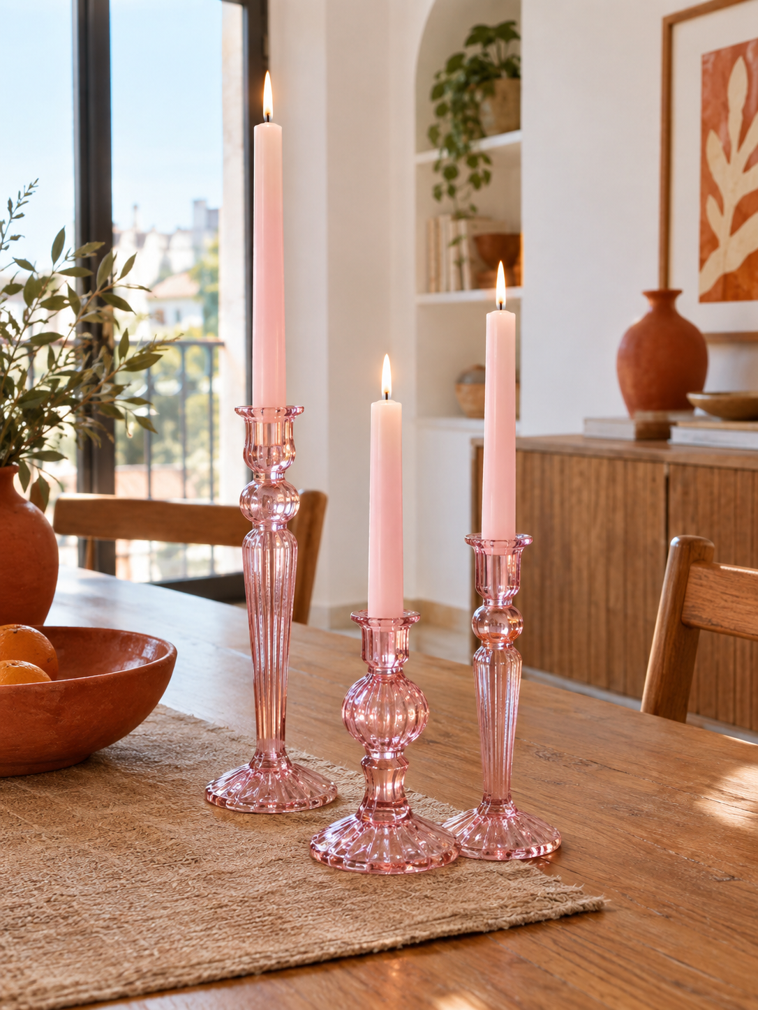 Portavelas de Cristal Set de 3 Rosa en ambiente - MADRITERA