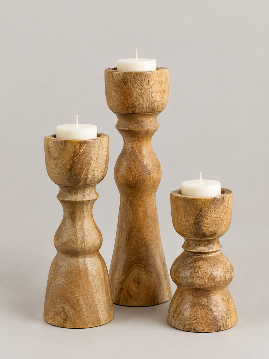 Portavelas de Madera de Mango Set de 3 Natural - MADRITERA