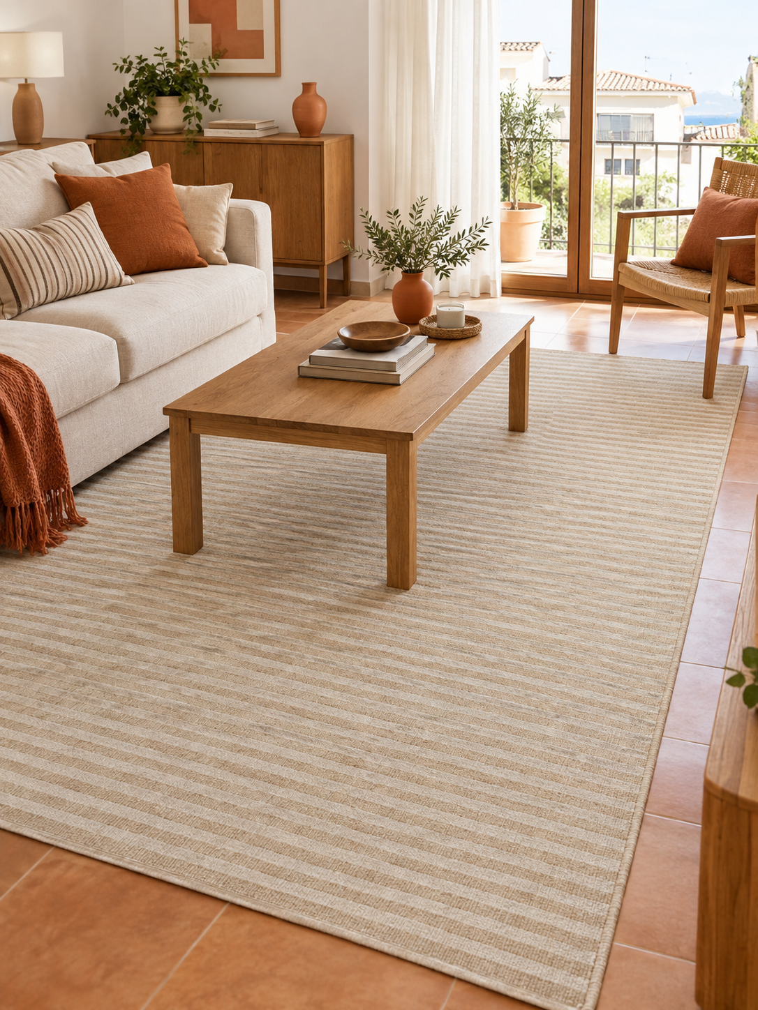 Alfombra Lavable Beige Rayas en ambiente - MADRITERA