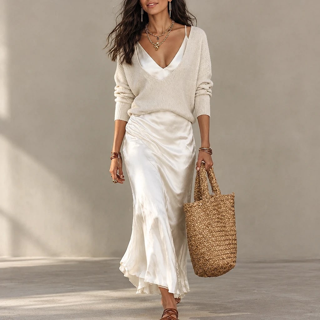 Solvera – Vestido Midi Satinado con Suéter