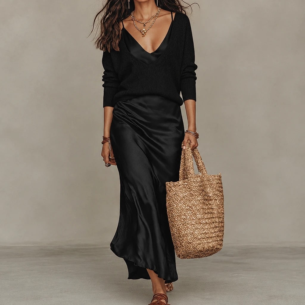 Solvera – Vestido Midi Satinado con Suéter
