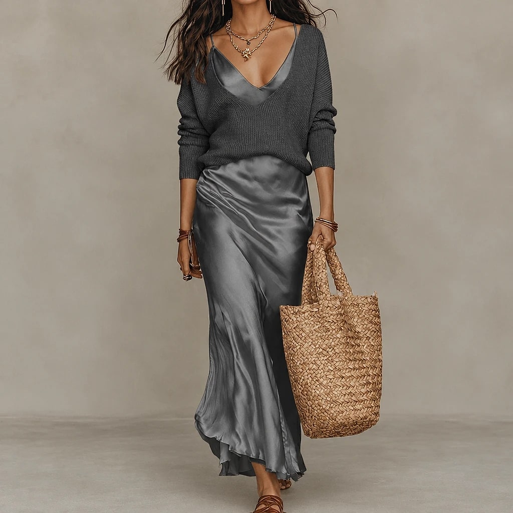 Solvera – Vestido Midi Satinado con Suéter