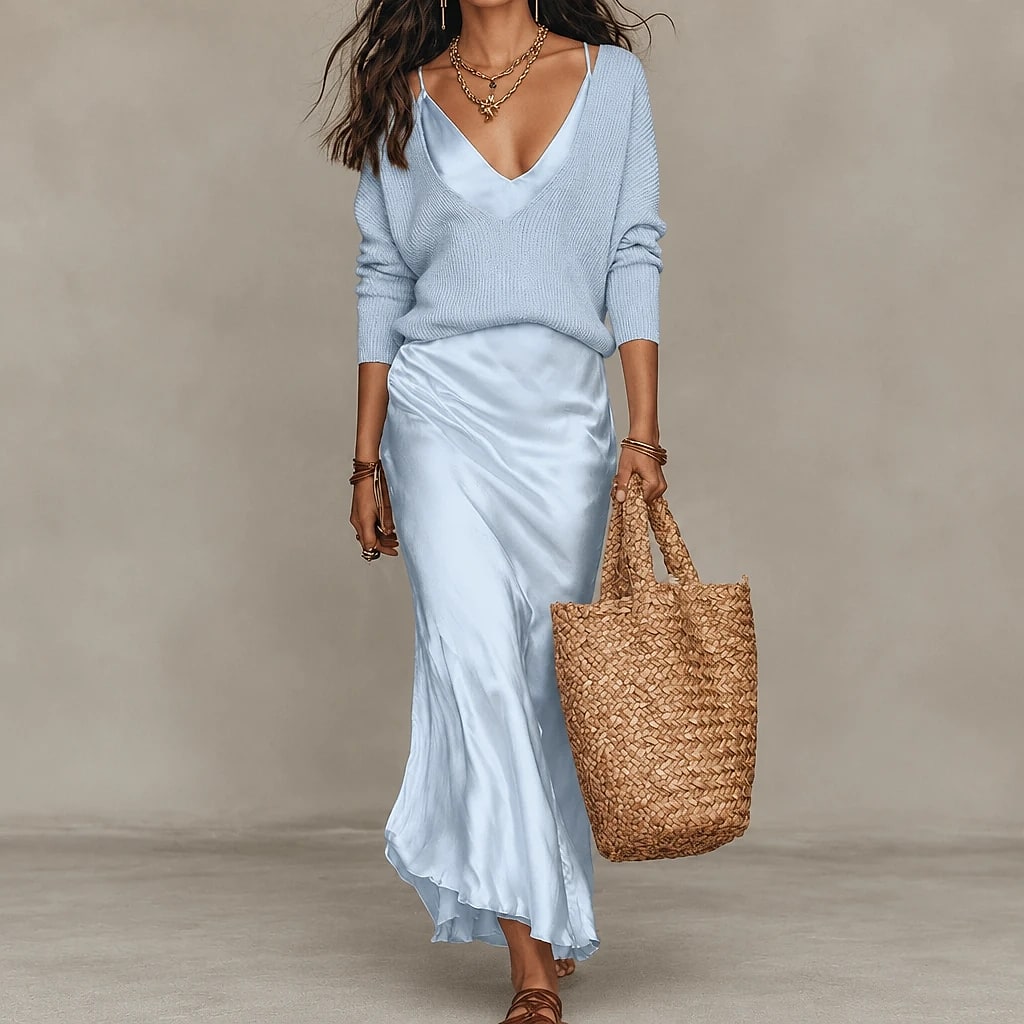 Solvera – Vestido Midi Satinado con Suéter