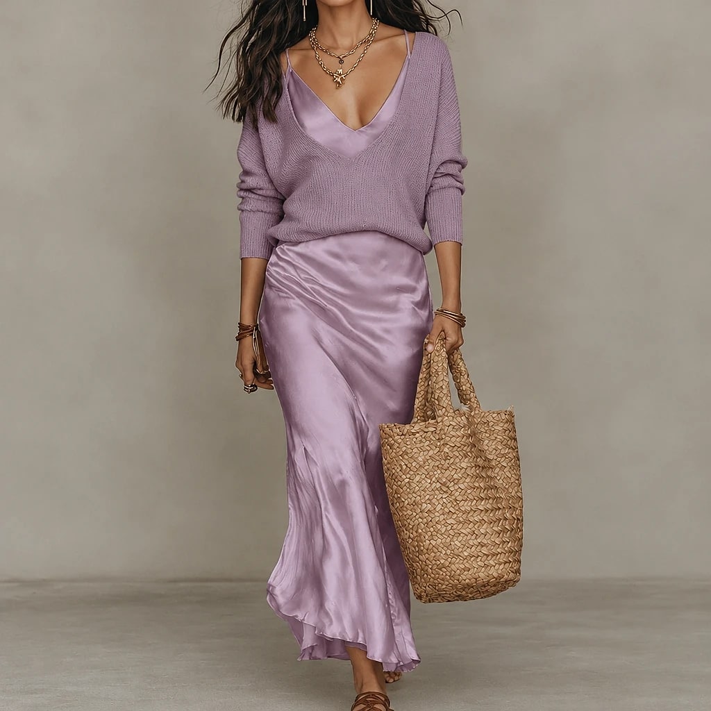 Solvera – Vestido Midi Satinado con Suéter