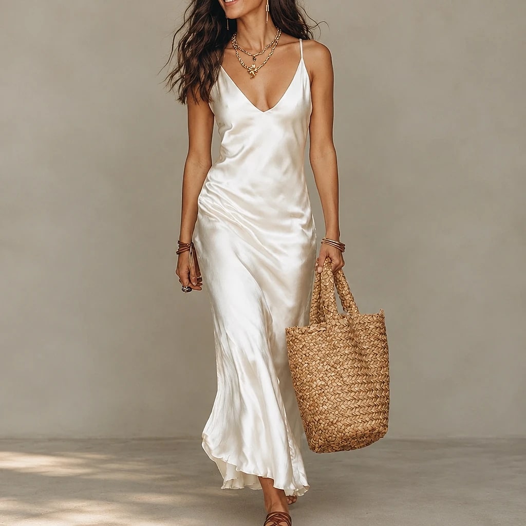 Solvera – Vestido Midi Satinado con Suéter