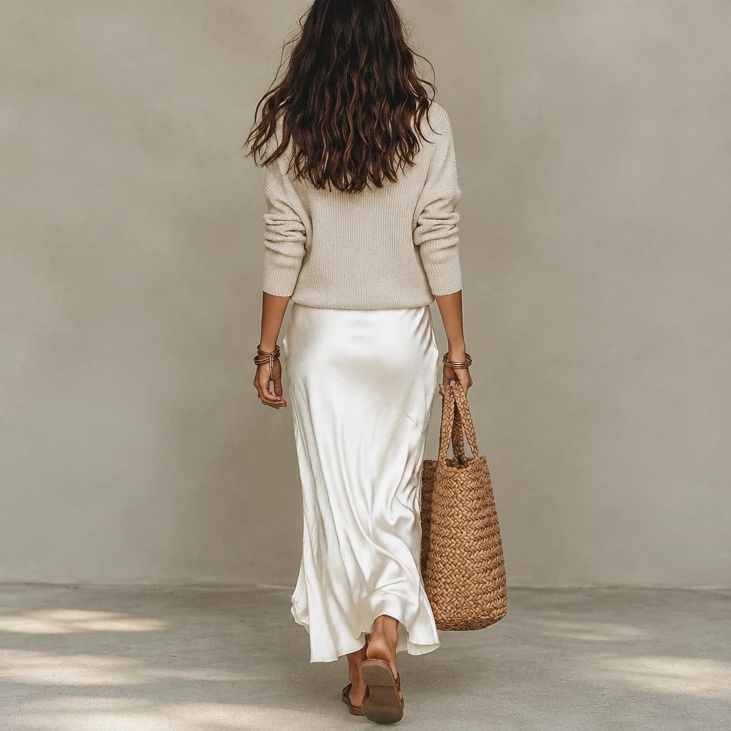 Solvera – Vestido Midi Satinado con Suéter